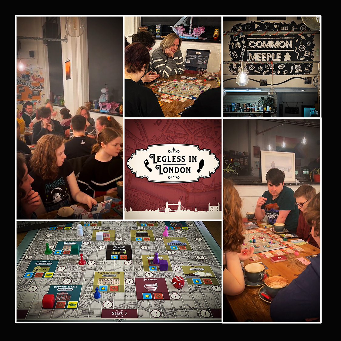 Collage of images of people sitting around tables playing the board game